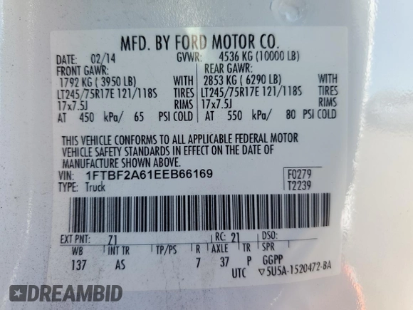 2014 Ford Super Duty F-250 SRW XL with VIN 1FTBF2A61EEB66169, listed as a Copart auction lot 49995335 with 122,399 mi miles and Salvage Title. Bid and sale history available at carsss.com. Image 13.