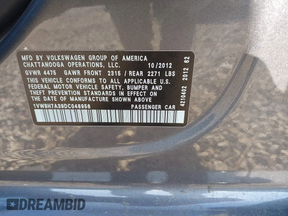 2013 Volkswagen Passat SE with VIN 1VWBH7A39DC048956, listed as a IAAI auction lot 42039394 with 111,331 mi miles and . Bid and sale history available at DreamBid. Image 9.