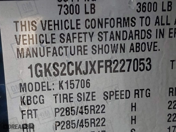 2015 GMC Yukon Denali with VIN 1GKS2CKJXFR227053, listed as a IAAI auction lot 41648799 with 190,092 mi miles. Bid and sale history available at carsss.com. Image 9.