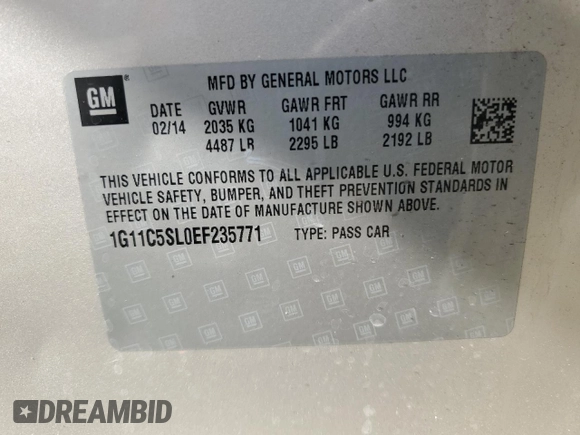 2014 Chevrolet Malibu LT with VIN 1G11C5SL0EF235771, listed as a Copart auction lot 50573925 with 155,815 mi miles and Salvage Title. Bid and sale history available at DreamBid. Image 14.