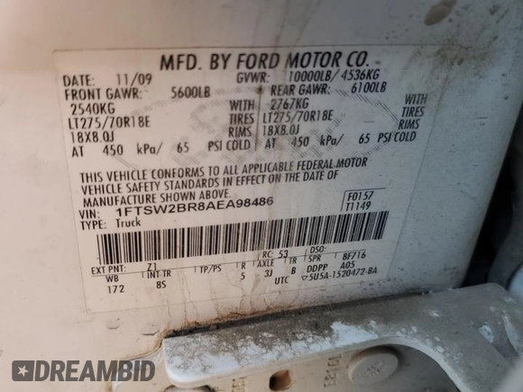 2010 Ford F-250 XL with VIN 1FTSW2BR8AEA98486, listed as a Copart auction lot 81964114 with 240,827 mi miles and Salvage title. Bid and sale history available at DreamBid. Image 12.