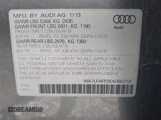 2014 Audi Q5 Premium Plus with VIN WA1LFAFP2EA060718, listed as a IAAI auction lot 42161099 with 122,914 mi miles and . Bid and sale history available at DreamBid. Image 9.