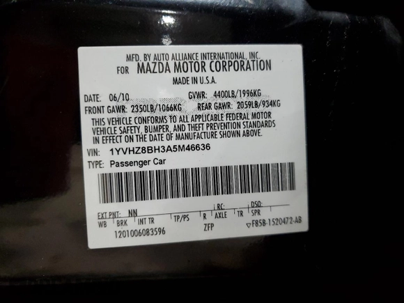 2010 Mazda 6 i Sport with VIN 1YVHZ8BH3A5M46636, listed as a Copart auction lot 85459204 with Not Provided miles and Salvage Title. Bid and sale history available at carsss.com. Image 13.