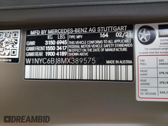 2021 Mercedes-Benz G 550 with VIN W1NYC6BJ8MX389575, listed as a Copart auction lot 54286164 with Not Provided miles and . Bid and sale history available at DreamBid. Image 13.