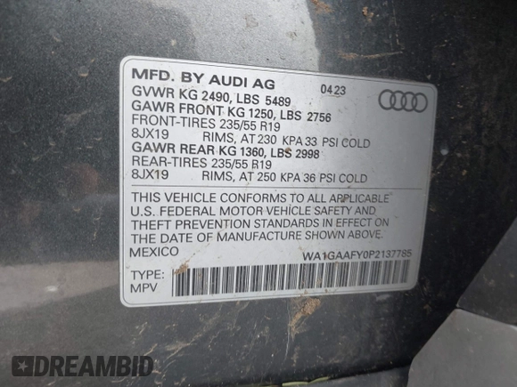 2023 Audi Q5 S line Premium with VIN WA1GAAFY0P2137785, listed as a IAAI auction lot 41453723 with 1 mi miles. Bid and sale history available at carsss.com. Image 9.