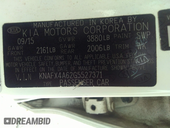 2016 Kia Forte LX with VIN KNAFX4A62G5527371, listed as a IAAI auction lot 39833806 with Not Provided miles. Bid and sale history available at carsss.com. Image 9.