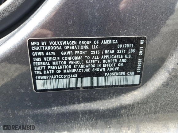 2012 Volkswagen Passat SE with VIN 1VWBP7A37CC012443, listed as a Copart auction lot 47641885 with 191,843 mi miles and Salvage Title. Bid and sale history available at carsss.com. Image 12.