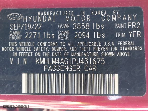 2023 Hyundai Elantra Preferred with VIN KMHLM4AG1PU431675, listed as a IAAI auction lot 41828703 with 58,913 mi miles. Bid and sale history available at carsss.com. Image 9.