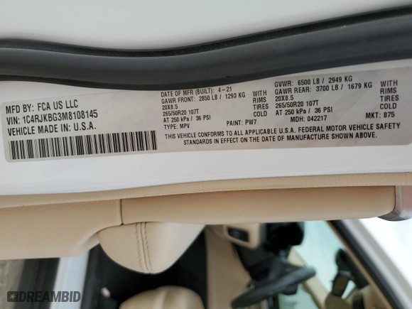 2021 Jeep Grand Cherokee L Limited with VIN 1C4RJKBG3M8108145, listed as a Copart auction lot 82669724 with 54,543 mi miles and Salvage Title. Bid and sale history available at carsss.com. Image 13.