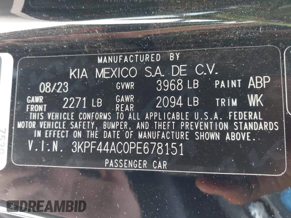 2023 Kia Forte GT with VIN 3KPF44AC0PE678151, listed as a IAAI auction lot 42016937 with 15,882 mi miles and . Bid and sale history available at carsss.com. Image 9.