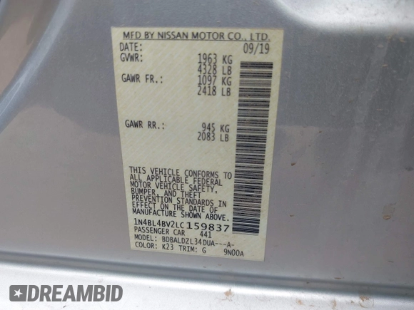 2020 Nissan Altima 2.5 S with VIN 1N4BL4BV2LC159837, listed as a IAAI auction lot 42177451 with 66,123 mi miles and . Bid and sale history available at carsss.com. Image 9.