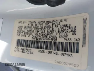 2012 Toyota Corolla L with VIN 5YFBU4EE2CP044066, listed as a IAAI auction lot 41776586 with Not Provided miles and . Bid and sale history available at DreamBid. Image 9.