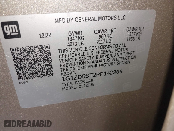 2023 Chevrolet Malibu LT with VIN 1G1ZD5ST2PF142365, listed as a IAAI auction lot 42031024 with 14,811 mi miles and . Bid and sale history available at DreamBid. Image 9.