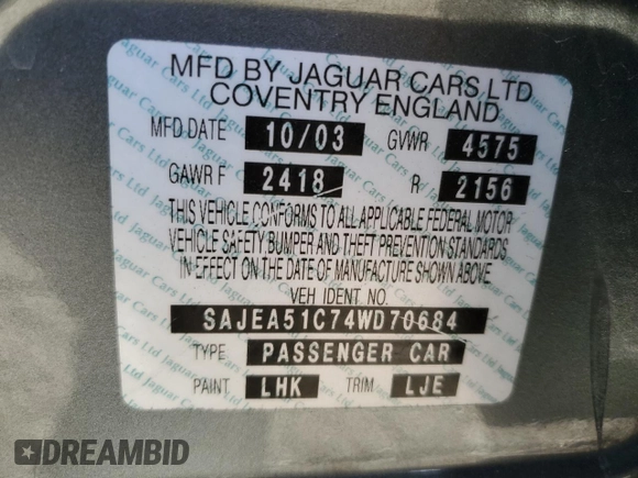 2004 Jaguar X-Type with VIN SAJEA51C74WD70684, listed as a Copart auction lot 46536395 with 155,184 mi miles and Salvage Title. Bid and sale history available at carsss.com. Image 14.
