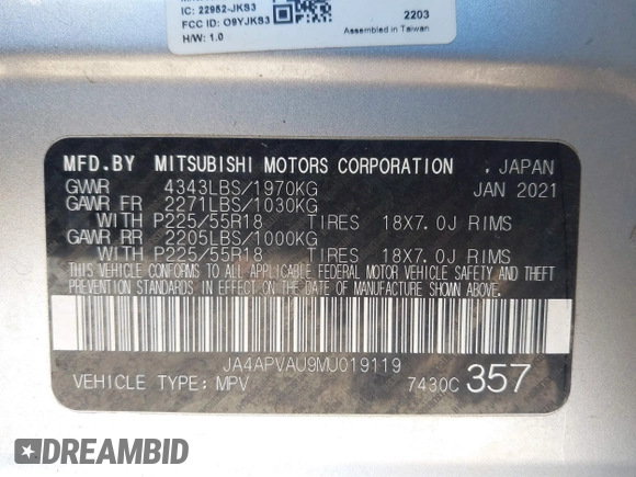 2021 Mitsubishi Outlander Sport SE with VIN JA4APVAU9MU019119, listed as a IAAI auction lot 41357738 with 124,480 mi miles. Bid and sale history available at carsss.com. Image 9.