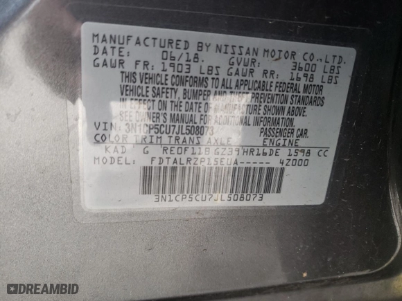 2018 Nissan Kicks SV with VIN 3N1CP5CU7JL508073, listed as a Copart auction lot 86059914 with 83,731 mi miles and Non Repairable. Bid and sale history available at carsss.com. Image 12.