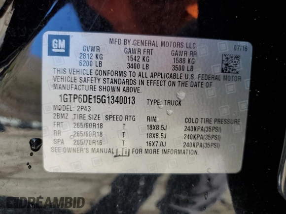 2016 GMC Canyon 4WD SLT with VIN 1GTP6DE15G1340013, listed as a Copart auction lot 45508015 with 0 mi miles and Salvage Title. Bid and sale history available at carsss.com. Image 12.