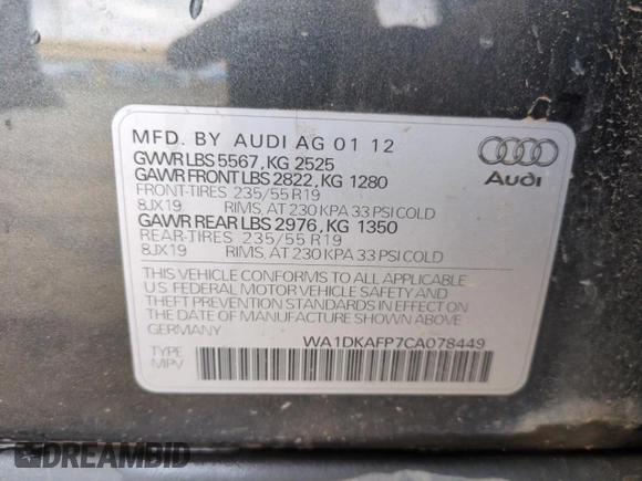 2012 Audi Q5 Premium Plus with VIN WA1DKAFP7CA078449, listed as a Copart auction lot 50728455 with 118,509 mi miles and Salvage title. Bid and sale history available at DreamBid. Image 14.