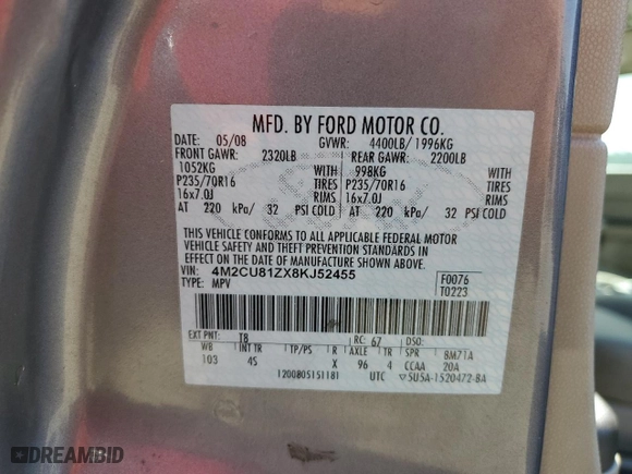 2008 Mercury Mariner with VIN 4M2CU81ZX8KJ52455, listed as a Copart auction lot 79709574 with 171,666 mi miles and Salvage Title. Bid and sale history available at carsss.com. Image 13.