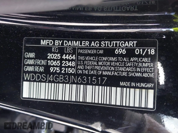 2018 Mercedes-Benz CLA 250 with VIN WDDSJ4GB3JN631517, listed as a IAAI auction lot 42503407 with 45,579 mi miles and . Bid and sale history available at DreamBid. Image 9.
