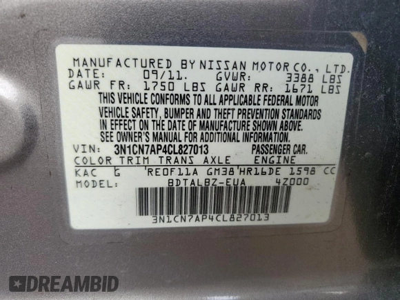 2012 Nissan Versa S with VIN 3N1CN7AP4CL827013, listed as a Copart auction lot 53342115 with 127,507 mi miles and Salvage Title. Bid and sale history available at carsss.com. Image 12.