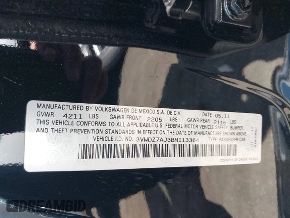 2011 Volkswagen Jetta SE с VIN 3VWDZ7AJ3BM113364, выставлен на аукционе IAAI как лот 42814994 с пробегом 158 685 миль миль и . История ставок и продаж доступна на DreamBid. Изображение 9.