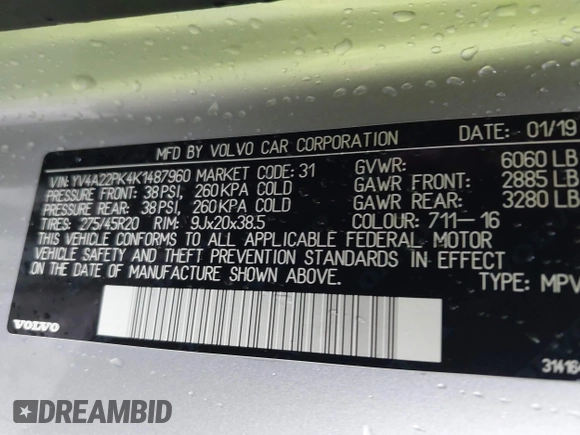 2019 Volvo XC90 Momentum with VIN YV4A22PK4K1487960, listed as a IAAI auction lot 41002780 with 65,121 mi miles. Bid and sale history available at carsss.com. Image 9.
