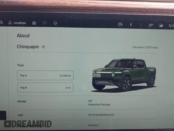2022 Rivian R1T Adventure z VIN 7FCTGAAA8NN015369, wystawiony jako IAAI lot #41407842 z przebiegiem 22 507 mil mil oraz . Historia ofert i sprzedaży dostępna na DreamBid. Obrazek 7.