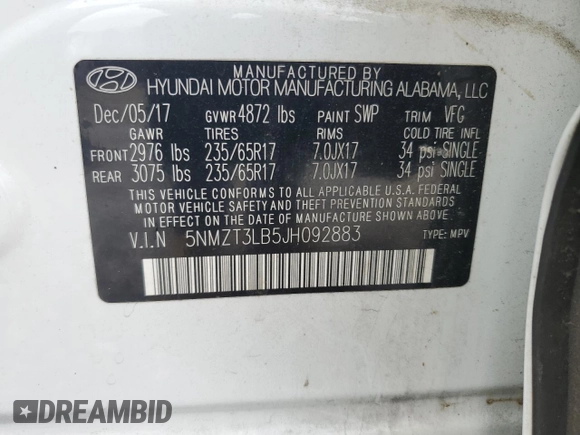2018 Hyundai Santa Fe 2.4L z VIN 5NMZT3LB5JH092883, wystawiony jako Copart lot #48522495 z przebiegiem 69 745 mil mil oraz Szkoda całkowita • Salvage title. Historia ofert i sprzedaży dostępna na DreamBid. Obrazek 13.