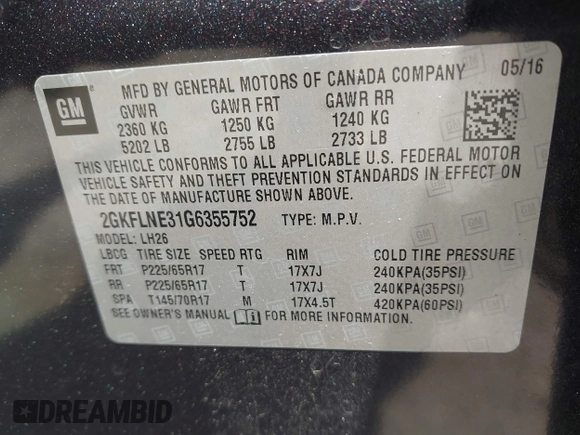2016 GMC Terrain SLE z VIN 2GKFLNE31G6355752, wystawiony jako IAAI lot #42467807 z przebiegiem 125 713 mil mil oraz . Historia ofert i sprzedaży dostępna na DreamBid. Obrazek 9.