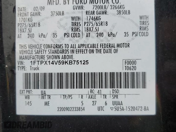 2009 Ford F-150 XL with VIN 1FTPX14V59KB75125, listed as a Copart auction lot 86796804 with 211,874 mi miles and Salvage title. Bid and sale history available at DreamBid. Image 12.