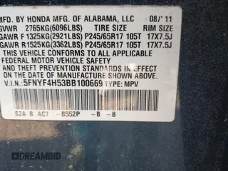 2011 Honda Pilot EX-L with VIN 5FNYF4H53BB100669, listed as a IAAI auction lot 42028998 with 137,215 mi miles. Bid and sale history available at carsss.com. Image 9.