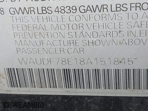 2008 Audi A4 2.0T with VIN WAUDF78E18A151845, listed as a IAAI auction lot 42259539 with 205,565 mi miles and . Bid and sale history available at DreamBid. Image 9.