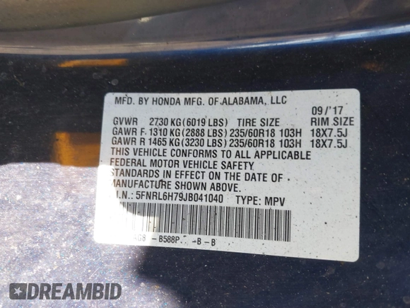 2018 Honda Odyssey EX-L z VIN 5FNRL6H79JB041040, wystawiony jako IAAI lot #41883128 z przebiegiem Nie podano mil oraz . Historia ofert i sprzedaży dostępna na DreamBid. Obrazek 9.