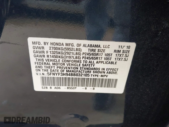 2011 Honda Pilot Touring z VIN 5FNYF3H94BB032105, wystawiony jako IAAI lot #42435522 z przebiegiem 247 899 mil mil oraz . Historia ofert i sprzedaży dostępna na DreamBid. Obrazek 9.