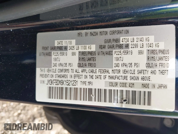 2019 Mazda CX-5 Grand Touring with VIN JM3KFBDM8K1521231, listed as a IAAI auction lot 42738963 with 32,179 mi miles and . Bid and sale history available at DreamBid. Image 9.