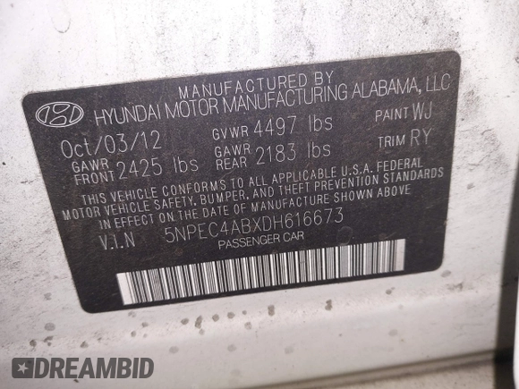 2013 Hyundai Sonata Limited with VIN 5NPEC4ABXDH616673, listed as a IAAI auction lot 41132659 with 170,958 mi miles and . Bid and sale history available at carsss.com. Image 9.