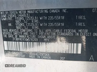 2016 Toyota RAV4 Limited with VIN 2T3DFREV5GW516269, listed as a IAAI auction lot 42325507 with 68,349 mi miles and . Bid and sale history available at DreamBid. Image 9.