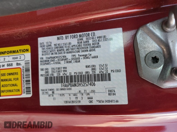 2017 Ford Mustang V6 with VIN 1FA6P8AM3H5257406, listed as a Copart auction lot 63330435 with Not provided miles and Salvage title. Bid and sale history available at DreamBid. Image 12.