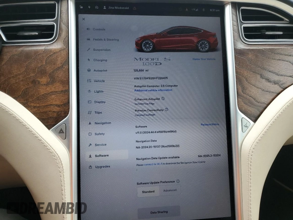 2017 Tesla Model S 100D with VIN 5YJSA1E29HF229425, listed as a Copart auction lot 54602195 with 128,886 mi miles and Salvage Title. Bid and sale history available at DreamBid. Image 9.