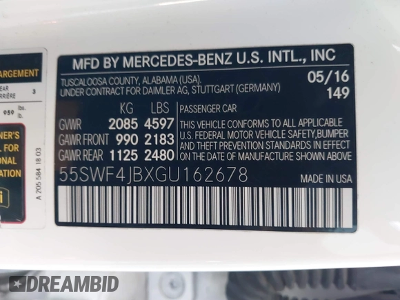 2016 Mercedes-Benz C 300 with VIN 55SWF4JBXGU162678, listed as a IAAI auction lot 41877653 with 132,830 mi miles and . Bid and sale history available at carsss.com. Image 9.