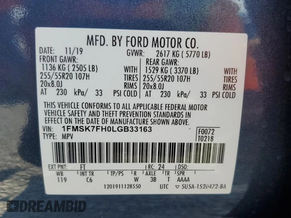 2020 Ford Explorer Limited with VIN 1FMSK7FH0LGB33163, listed as a Copart auction lot 52558555 with 57,486 mi miles and Salvage Title. Bid and sale history available at carsss.com. Image 13.
