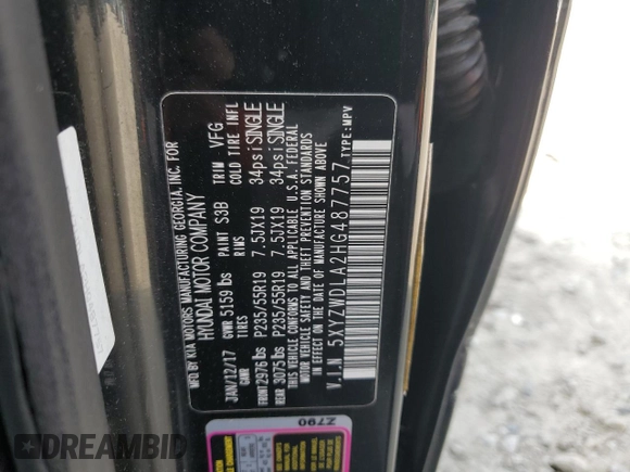 2017 Hyundai Santa Fe Ultimate with VIN 5XYZWDLA2HG487757, listed as a Copart auction lot 60721855 with 54,644 mi miles and Salvage title. Bid and sale history available at DreamBid. Image 13.