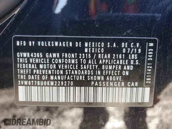 2019 Volkswagen Jetta GLI S z VIN 3VW6T7BU0KM229270, wystawiony jako Copart lot #50298575 z przebiegiem 63 608 mil mil oraz Szkoda całkowita • Salvage title. Historia ofert i sprzedaży dostępna na DreamBid. Obrazek 12.