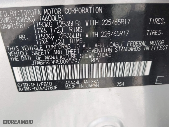 2014 Toyota RAV4 LE with VIN JTMBFREV9ED095397, listed as a IAAI auction lot 41866606 with 100,290 mi miles. Bid and sale history available at carsss.com. Image 9.