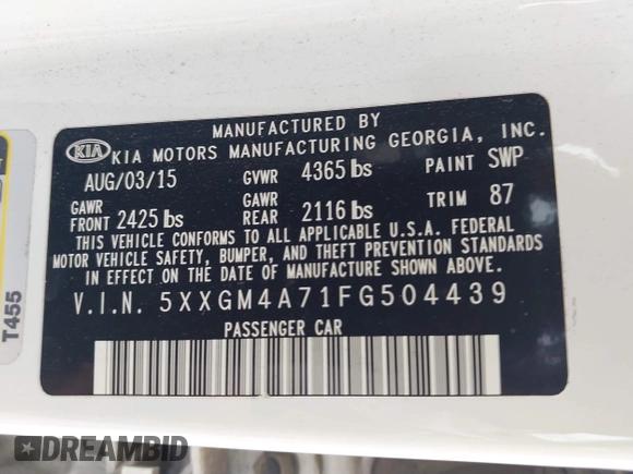 2015 Kia Optima LX with VIN 5XXGM4A71FG504439, listed as a IAAI auction lot 42470149 with 142,076 mi miles and . Bid and sale history available at DreamBid. Image 9.