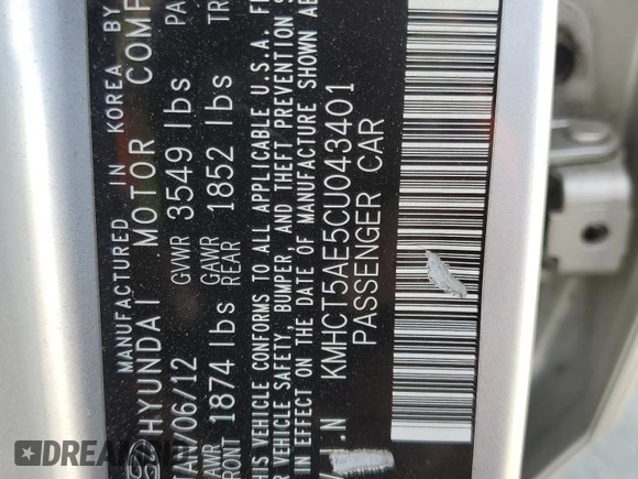 2012 Hyundai Accent GS z VIN KMHCT5AE5CU043401, wystawiony jako Copart lot #54166745 z przebiegiem 203 997 mil mil oraz Szkoda całkowita • Salvage title. Historia ofert i sprzedaży dostępna na DreamBid. Obrazek 12.