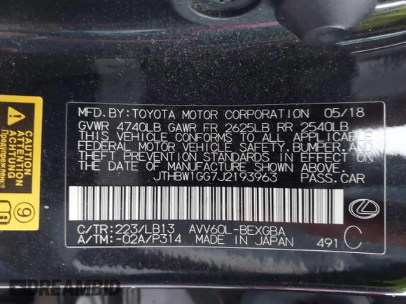 2018 Lexus ES with VIN JTHBW1GG7J2193963, listed as a IAAI auction lot 41894318 with 75,969 mi miles. Bid and sale history available at carsss.com. Image 9.