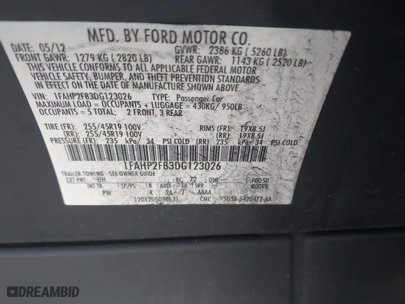 2013 Ford Taurus Limited with VIN 1FAHP2F83DG123026, listed as a IAAI auction lot 42058337 with 194,106 mi miles. Bid and sale history available at carsss.com. Image 9.