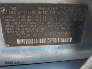 2011 BMW 3 Series 328i xDrive with VIN WBAPK7C57BA971290, listed as a IAAI auction lot 42559588 with 157,477 mi miles and . Bid and sale history available at DreamBid. Image 9.